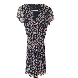 MSK Black Daisy Dress Pintucking, lined, sheer sleeves, tie waist sz 10 NWOT